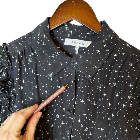 Frame Diamond Sky Star Print Silk Blouse Galaxy Black Ruffle size Medium - Picture 8 of 9